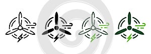 Eco Wind Turbine Green Energy Line and Silhouette Icon Color Set. Wind Mill Renewable Power Pictogram. Ecological