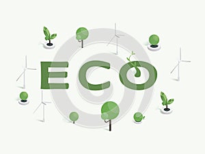 Eco word concept banner vector template. Environment friendly technology and power sources use idea, alternative energy