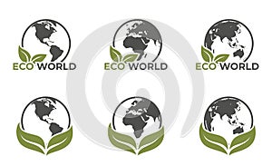 eco world icon set. western and eastern earth hemispheres. sustainable and eco friendly conceptual illustrations