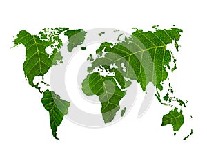 Eco world map made of green leaves