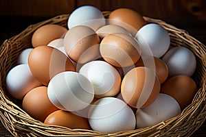 Ecoconscious groceries a wooden nest piled high with fresh eggs photo