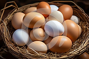 Ecoconscious groceries a wooden nest piled high with fresh eggs photo