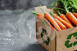 Ecofriendly carrots in a box with recycle symbol promoting sustainable choices. Concept Sustainable