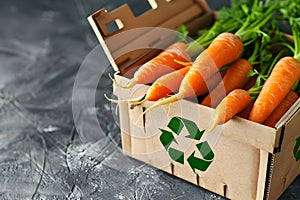 Ecofriendly carrots in a box with recycle symbol promoting sustainable choices. Concept Sustainable