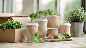 Ecofriendly food delivery packaging is designed to reduce environmental impact, shown with biodegradable materials and minimalist