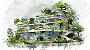 Ecofriendly urban structure, vegetation layers, concept sketch, eyelevel, overcast lighting , super detailed