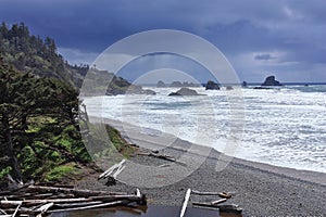 Ecola State Park on Oregon Coast with Seastacks and Dramatic Weather near Cannon Beach, Pacific Northwest, USA