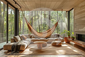 Ecolodge or eco-lodge house interior with a sofa, coffee table, hammock and greenery. photo