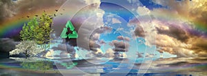 Ecologic background with recycle symbol, Planet earth and rainbow in sea reflection