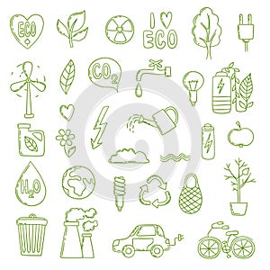 Ecologic doodle. Green energy concept pictures collection clean environment save air bio co2 plant growth vector