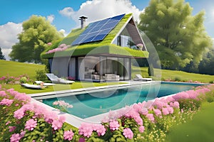 Ecologic house concept with garden flowers and solar panels on the roof