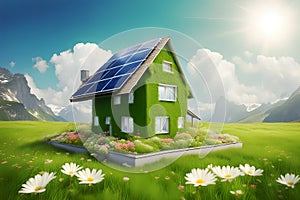 Ecologic house concept with garden flowers and solar panels on the roof