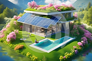 Ecologic modern house concept with garden flowers and solar panels on the roof. Rooftop with solar cells, green grass front