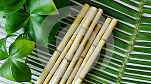 Ecological bamboo cocktail tubes for lemonades and drinks. Concept: Safe eco-friendly tableware without harm to the planet.