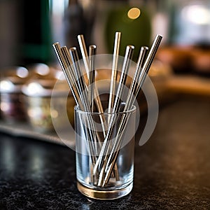 Ecological bamboo cocktail tubes for lemonades and drinks. Concept: Safe eco-friendly tableware without harm to the planet.