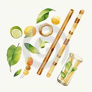 Ecological bamboo cocktail tubes for lemonades and drinks. Concept: Safe eco-friendly tableware without harm to the planet