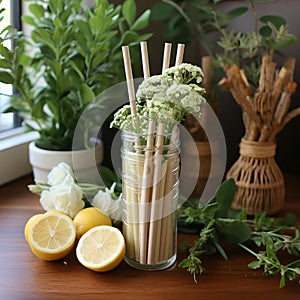 Ecological bamboo cocktail tubes for lemonades and drinks. Concept: Safe eco-friendly tableware without harm to the planet