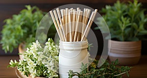 Ecological bamboo cocktail tubes for lemonades and drinks. Concept: Safe eco-friendly tableware without harm to the planet