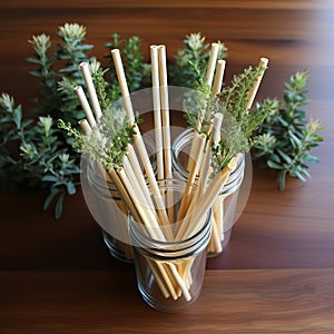 Ecological bamboo cocktail tubes for lemonades and drinks. Concept: Safe eco-friendly tableware without harm to the planet