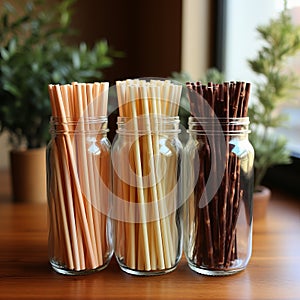 Ecological bamboo cocktail tubes for lemonades and drinks. Concept: Safe eco-friendly tableware without harm to the planet