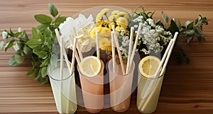 Ecological bamboo cocktail tubes for lemonades and drinks. Concept: Safe eco-friendly tableware without harm to the planet