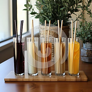 Ecological bamboo cocktail tubes for lemonades and drinks. Concept: Safe eco-friendly tableware without harm to the planet