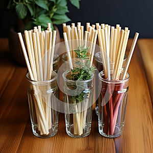 Ecological bamboo cocktail tubes for lemonades and drinks. Concept: Safe eco-friendly tableware without harm to the planet