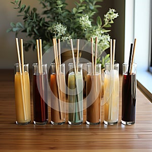 Ecological bamboo cocktail tubes for lemonades and drinks. Concept: Safe eco-friendly tableware without harm to the planet