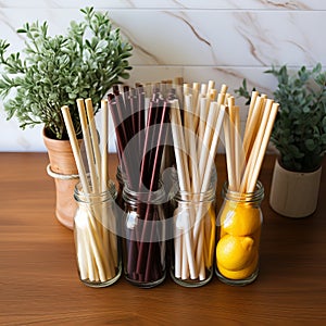 Ecological bamboo cocktail tubes for lemonades and drinks. Concept: Safe eco-friendly tableware without harm to the planet