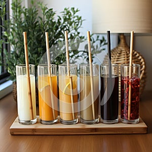 Ecological bamboo cocktail tubes for lemonades and drinks. Concept: Safe eco-friendly tableware without harm to the planet