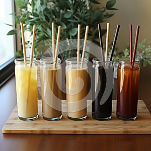 Ecological bamboo cocktail tubes for lemonades and drinks. Concept: Safe eco-friendly tableware without harm to the planet