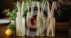 Ecological bamboo cocktail tubes for lemonades and drinks. Concept: Safe eco-friendly tableware without harm to the planet