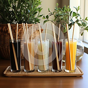 Ecological bamboo cocktail tubes for lemonades and drinks. Concept: Safe eco-friendly tableware without harm to the planet