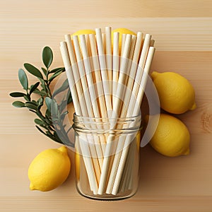 Ecological bamboo cocktail tubes for lemonades and drinks. Concept: Safe eco-friendly tableware without harm to the planet