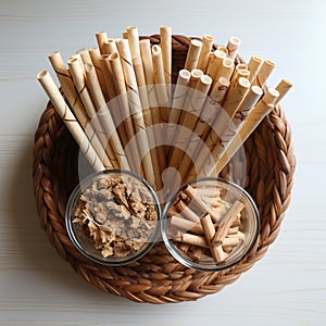 Ecological bamboo cocktail tubes for lemonades and drinks. Concept: Safe eco-friendly tableware without harm to the planet