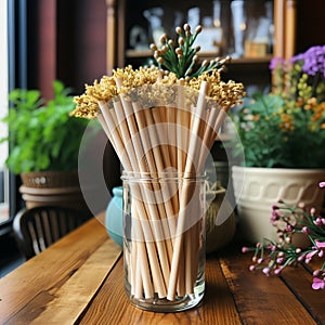 Ecological bamboo cocktail tubes for lemonades and drinks. Concept: Safe eco-friendly tableware without harm to the planet