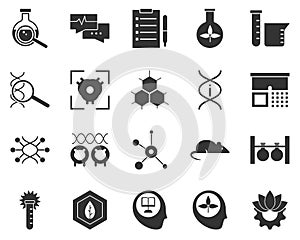 Ecological, biology, gear. Bioengineering glyph icons set. Biotechnology for health, researching, materials creating. Molecular