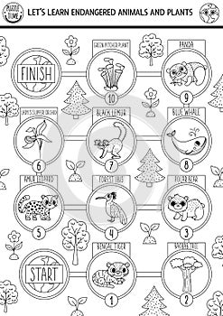 Ecological black and white dice board game for children with endangered animals and plants. Earth day line boardgame. Printable