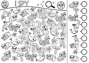 Ecological black and white I spy game for kids. Searching and counting activity with extinct animals. Earth day line printable