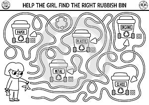 Ecological black and white maze for children with girl sorting out the rubbish. Earth day preschool activity. Eco awareness