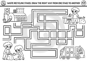 Ecological black and white maze for children with kids sorting out the rubbish. Earth day preschool activity. Eco awareness or