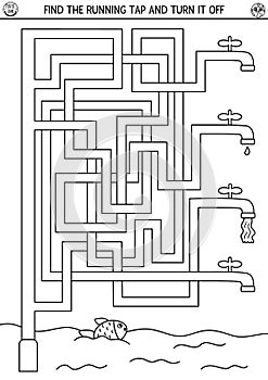 Ecological black and white maze for children with water saving concept. Earth day preschool activity with running tap. Eco