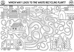 Ecological black and white maze for kids with garbage truck going to waste recycling plant. Earth day preschool line ctivity. Eco