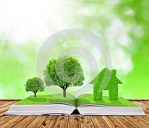 Ecological book with trees and house