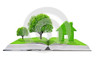 Ecological book with trees and house