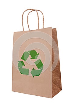 Ecological brown paper bag with recycling symbol