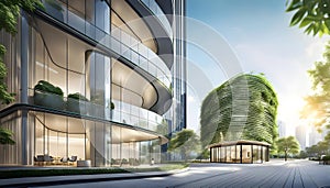 Ecological building in a modern city, 3D-rendering, a stable glass office building to reduce carbon dioxide, an office building