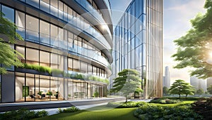 Ecological building in a modern city, 3D-rendering, a stable glass office building to reduce carbon dioxide, an office building