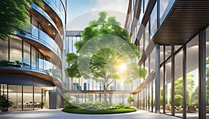 Ecological building in a modern city, 3D-rendering, a stable glass office building to reduce carbon dioxide, an office building