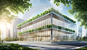 Ecological building in a modern city, 3D-rendering, a stable glass office building to reduce carbon dioxide, an office building